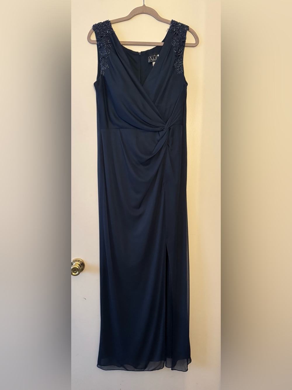 Alex Evenings Navy Beaded-Shoulder Maxi Formal Gown